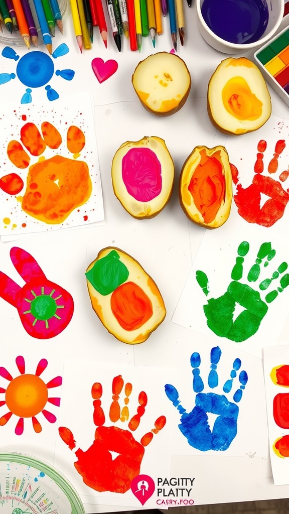 Potato Print Art Project Colorful potato print patterns on paper with brushes and paints in a creative workspace.